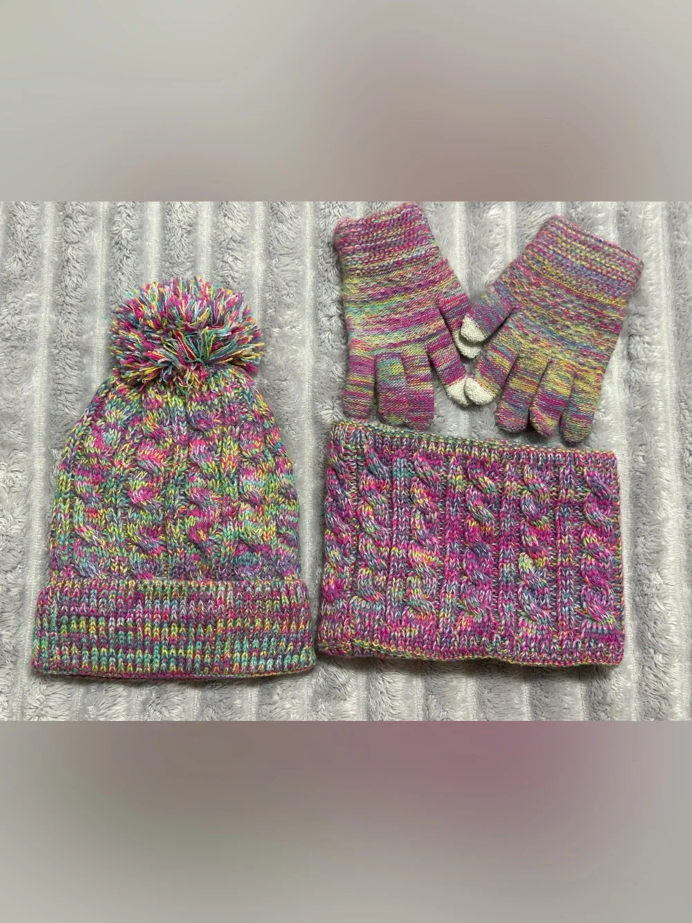 Kids Multicolor Pom Beanie, Scarf & Gloves Set - Cozy Knit